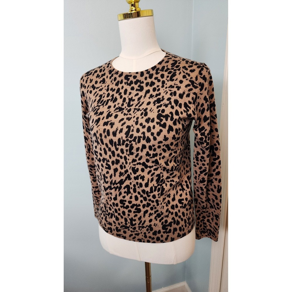 Banana Republic Leopard Print 100% Merino Wool Crewneck Sweater Tan Black Size S - Picture 2 of 9